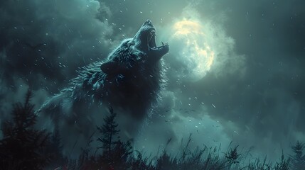 Halloween Night Werewolf Howling at the Full Moon in Monstrous Revelry