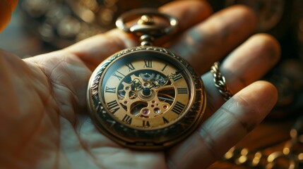 Close-up shot of a delicate hand grasping a vintage pocket watch, intricate clockwork visible, photorealistic detail, soft shadows, warm golden tones