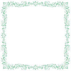 Square vintage frame, border of stylized leaves, flowers and curls in light green lines on white background. Vector backdrop, wallpaper