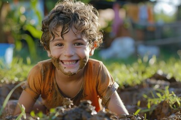 A young boy covered in mud laying on the ground. Perfect for outdoor and nature themed projects