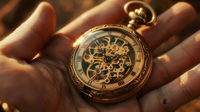 Close-up shot of a delicate hand grasping a vintage pocket watch, intricate clockwork visible, photorealistic detail, soft shadows, warm golden tones - Powered by Adobe