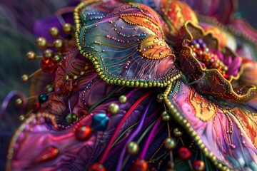 Eye-level angle, intricately designed pin cushion, rich textures, vibrant colors, lush fabric details, soft lighting highlights, stunning close-up, CG 3D realism