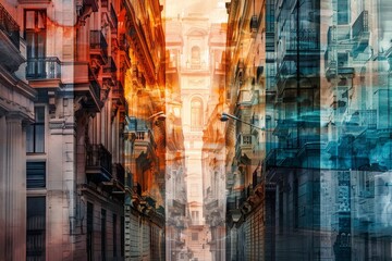 Fototapeta premium Eye-level angle photo, city street at sunset, divided into three segments; each section showcasing diverse architecture from ancient to modern, warm hues merging across transitions, watercolor finish