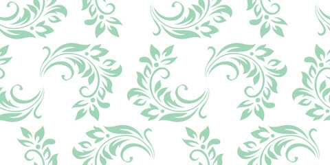 Vintage seamless plant pattern of light green stylized leaves, flowers and curls on white background. Retro style. Vector backdrop, texture for victorian wallpapers, wrapping paper, fabric