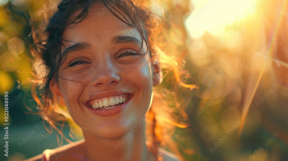 Poster a woman smiling and making eye contact with the camera, suitable for a variety of concepts and proje