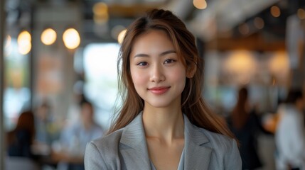 Obraz premium A young, happy businesswoman in a modern office, a beautiful manager, adorned with a smile, immersed in her work at the workplace. Generative AI.