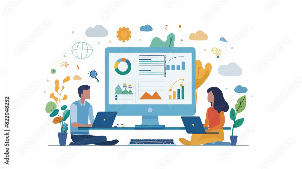 Poster illustration of two people working on laptops analyzing data and charts on a large screen, surrounde