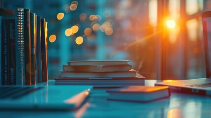 A laptop computer sitting on top of a desk next to a stack of books. Perfect for educational or office themes