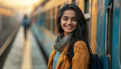 Fototapeta premium young indian woman standing on train platform