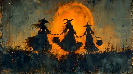 Halloween Nights Mystical Witches Brewing Potions Under Crescent Moons Guidance
