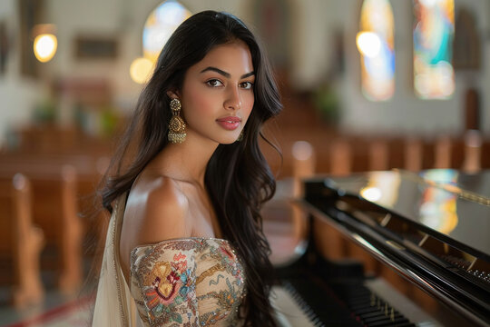 young beautiful indian woman playing piano