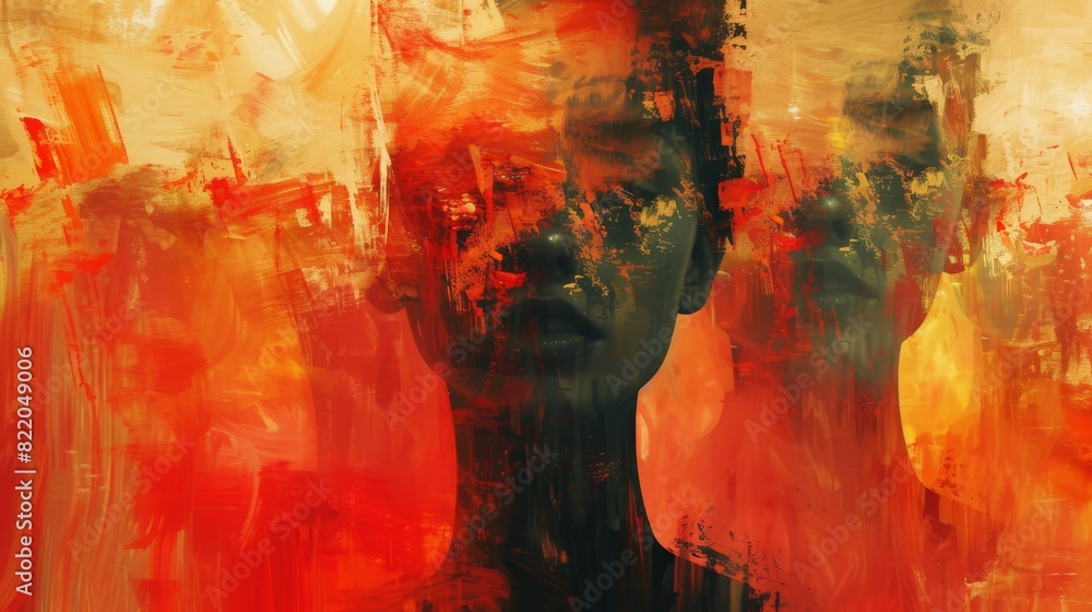 Poster a vivid abstract painting depicting figures enveloped in fiery red and orange chaos with a sense of 
