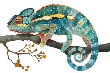 Naklejka premium A colorful chameleon perched on a branch. Suitable for nature and animal themed designs