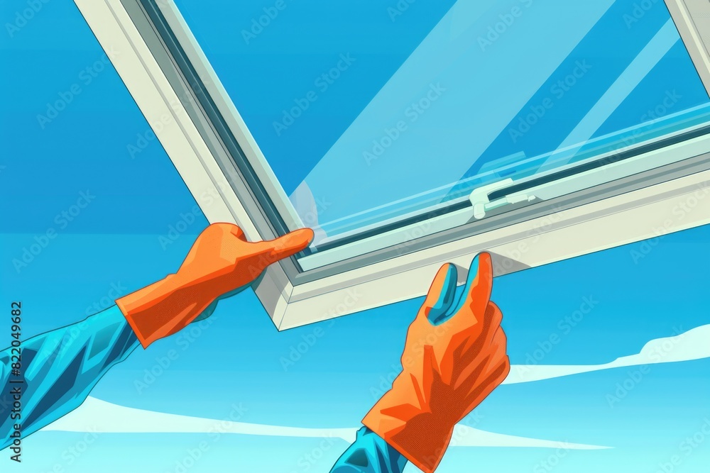 Poster A person wearing orange gloves reaching out of a window. Suitable for various concepts and designs