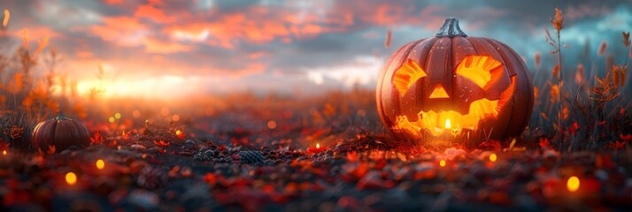 Naklejka premium Halloweens Autumnal Harvest A Pumpkin Patch at Dusk with Expressive Jackolanterns