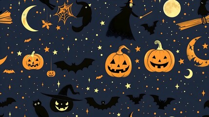 Halloweens Magical Aura A Witch on Her Broomstick with a Bat Jack O Lanterns and a Haunting Moon