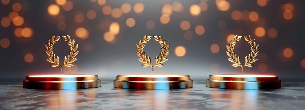 Winner award podium prize silver gold trophy win champion pedestal first stage bronze sport. Podium background winner 3d award ceremony medal platform laurel best place second third design