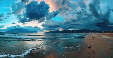 Dark blue sky with clouds and storm over the sea.