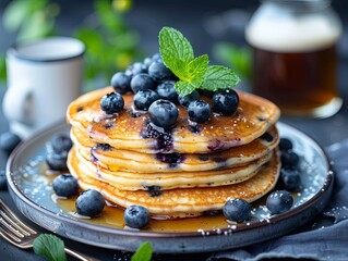 Delicious stack of fluffy blueberry pancakes topped with fresh blueberries, drizzled with maple syrup, and garnished with mint leaves.