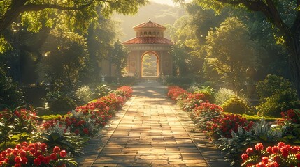 Elegant garden pathway lined with vibrant flowers, leading to a beautiful archway structure, bathed in warm, dappled sunlight.