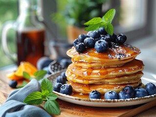 A delicious stack of blueberry pancakes drizzled with syrup and garnished with fresh mint, perfect for a cozy breakfast setting.