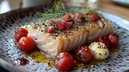 A beautifully plated gourmet dish featuring grilled fish, cherry tomatoes, and fresh herbs, showcasing a delicious and healthy meal.