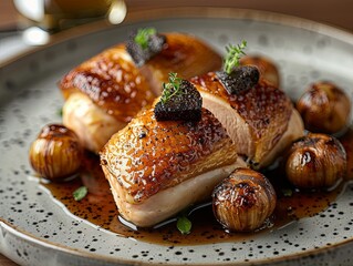 Succulent roasted chicken breast topped with truffles, served with glazed onions and garnished with fresh herbs in a savory sauce.