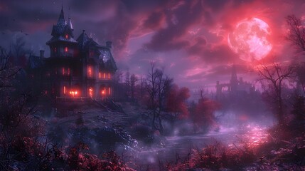 Fototapeta premium Haunted Mansion Exterior Decorated for a Spooky Halloween Night