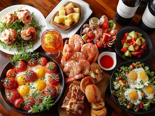 A lavish brunch spread featuring sunny-side-up eggs, shrimp, fresh fruits, salads, cheese, and assorted gourmet dishes, perfect for a delightful gathering.