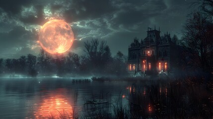 Fototapeta premium Haunted Mansion in Moonlight A Halloween Night Spell