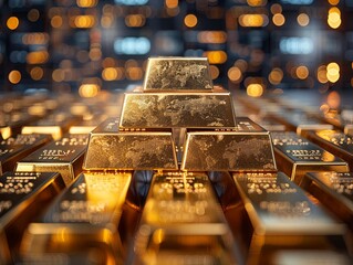 A pyramid stack of gold bars arranged on a reflective surface, surrounded by a warm, glowing bokeh background, symbolizing wealth and luxury.