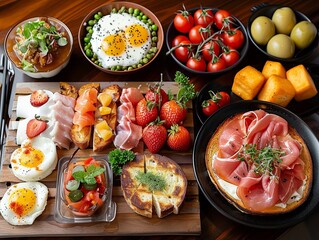Delicious assorted breakfast platter featuring eggs, ham, fresh vegetables, fruit, and pastries, perfect for a hearty morning meal.