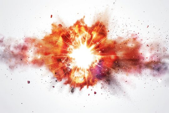 Realistic photograph of a complete Big Bang,solid stark white background, focused lighting