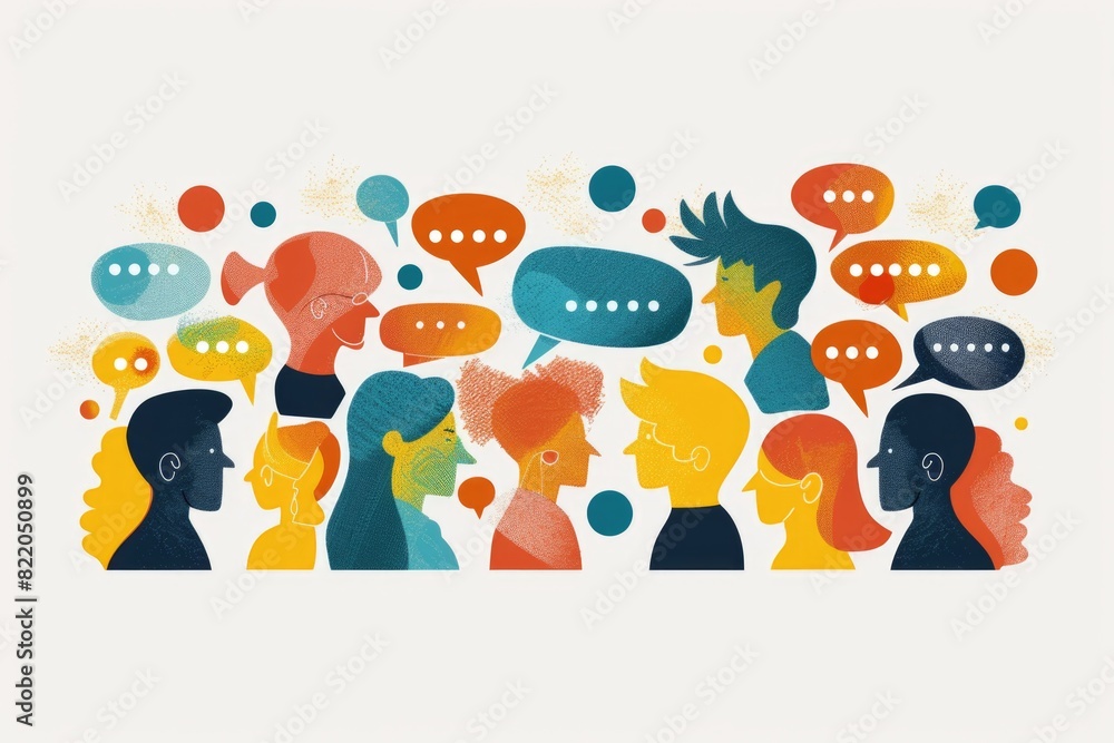 Poster group of people with speech bubbles, suitable for communication concepts