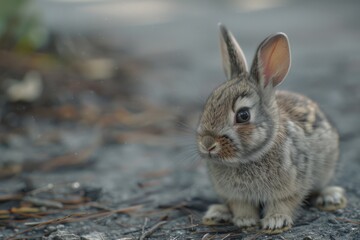 Fototapeta premium A cute small rabbit sitting peacefully on the ground. Perfect for nature or animal themed designs