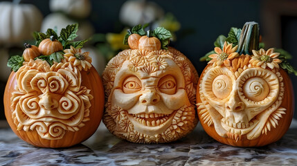 Fototapeta premium Intricate Pumpkin Designs A Festive Halloween Carving Masterpiece for Decor