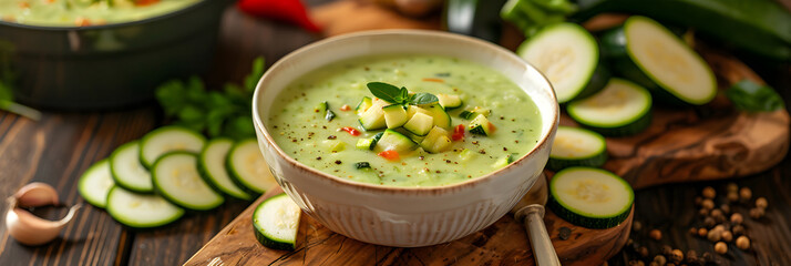 Homemade Creamy Zucchini Soup Recipe with Fresh Kitchen Ingredients on a Rustic Setting