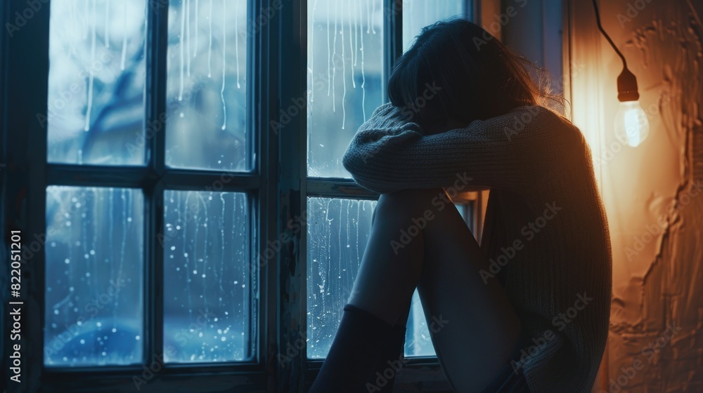 Poster A woman sitting in front of a window during a rainy day. Suitable for various lifestyle and weather-related concepts