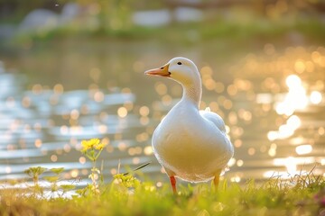 Obraz premium A white duck standing by a body of water. Suitable for nature-themed designs