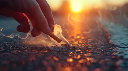 A person lighting a cigarette on the ground. Suitable for social issues themes