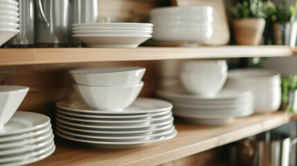 Clean plates and bowls on shelves in cabinet indoors - - Powered by Adobe