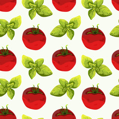 Seamless pattern, background with ripe red juicy tomatoes and basil leaves. Red tomato, cherry tomato. Basil. For textiles, illustrations, packaging paper, printing about natural vitamins, healthy eat