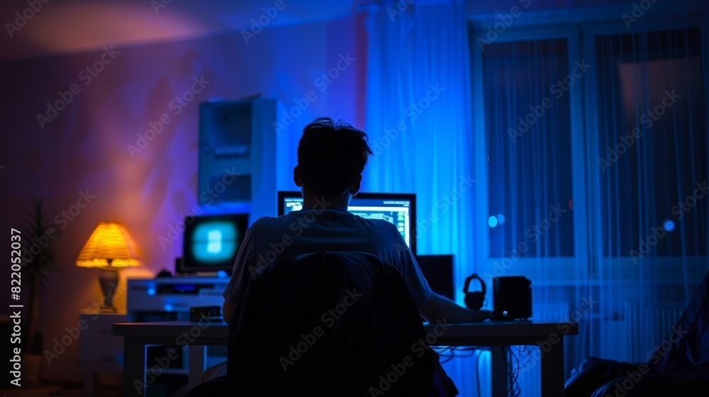Poster a lone hacker sits in a dark room illuminated only by the eerie glow of their computer screen as the