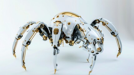 White background, gold and silver spider robot