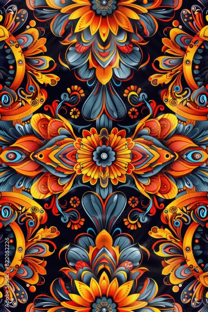 Poster vibrant floral pattern on a dark backdrop, suitable for various design projects