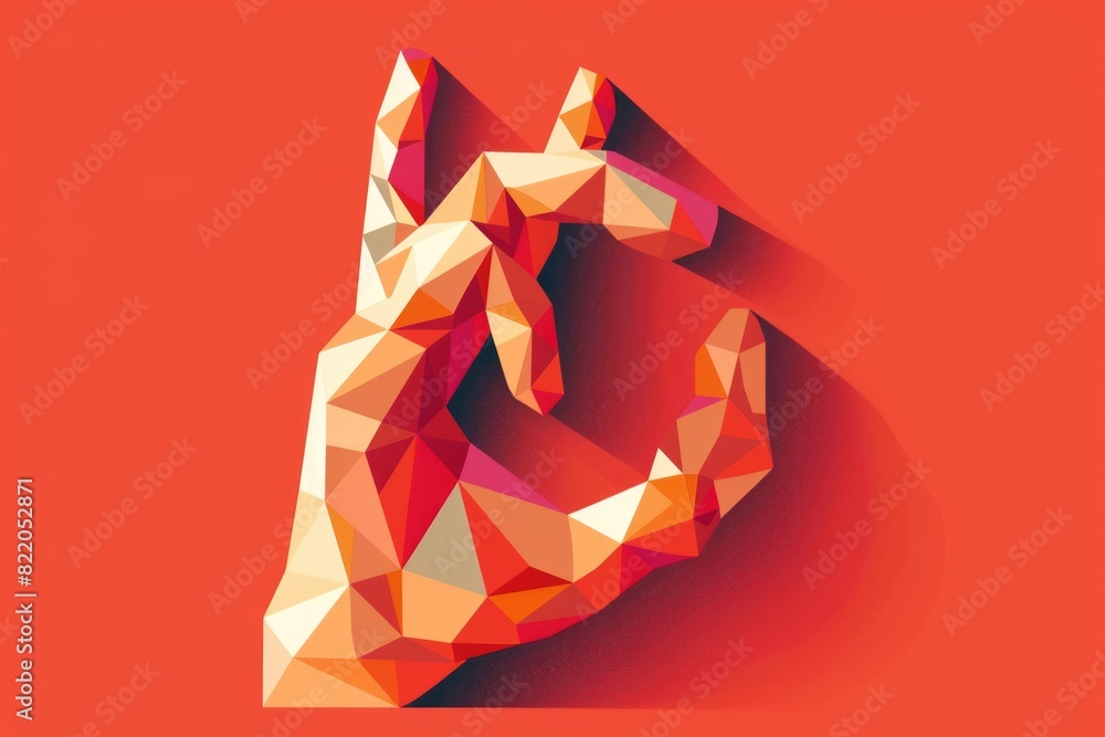 Poster hand making v sign on red low poly background, suitable for communication concepts
