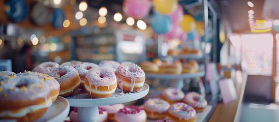 Celebration setup in a bakery with a variety of doughnuts, captured with a soft focus to highlight the festive atmosphere.