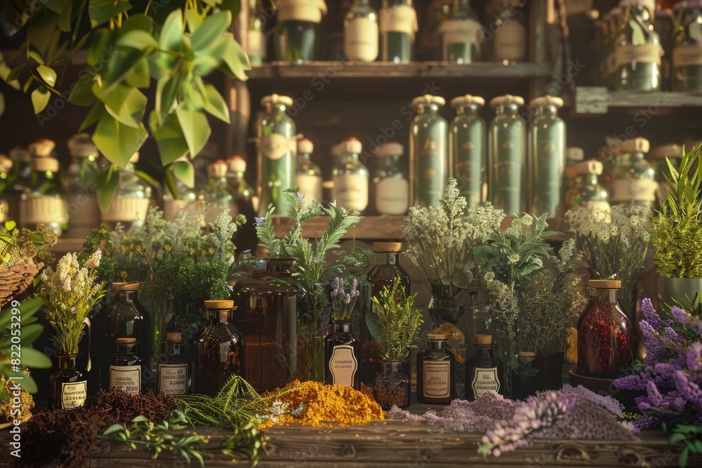 Poster various bottles and plants neatly arranged on a shelf. suitable for home decor or interior design co