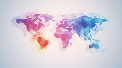 Abstract world map with multicolor geometric shapes on a white background, representing global diversity and connectivity.