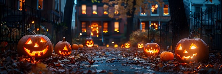 Obraz premium Spooky Grinning Jackolanterns Illuminate a Festive Halloween Home with Pumpkin on the Doorstep